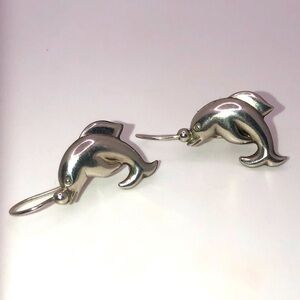 Vtg Italian Sterling Silver Dolphin Balancing Ball Earrings 1.2”